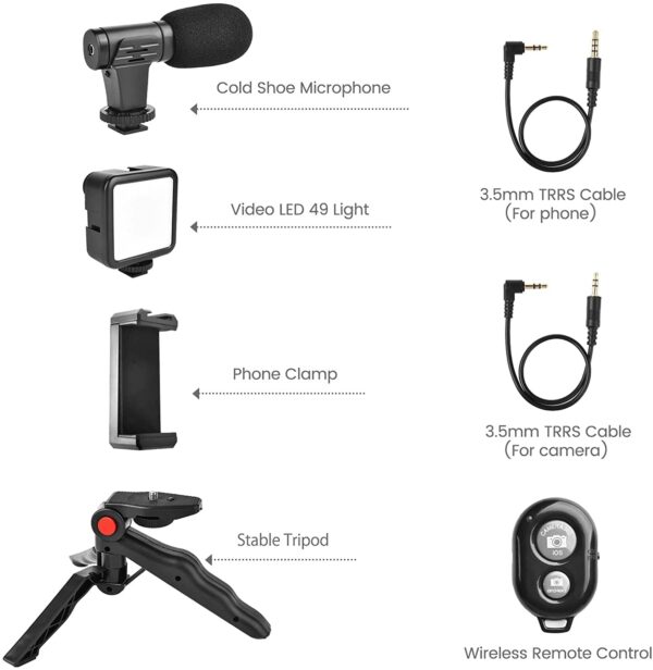 3-in-1 Vlogging Tripod Kit with LED Light, Microphone, Mini Stand & Remote